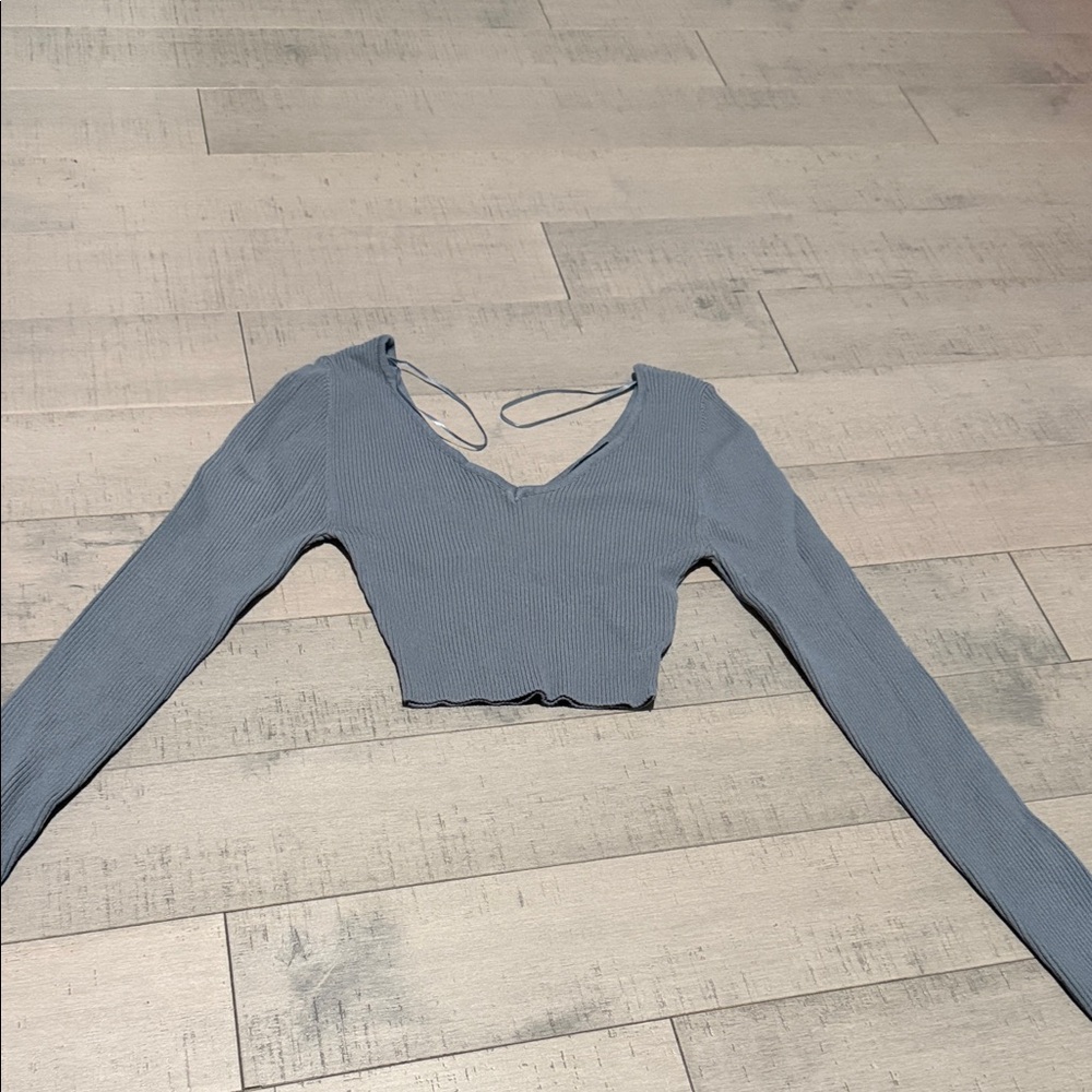 Love Tree Ribbed V-Neck Long Sleeve Crop Top - Dusty Blue